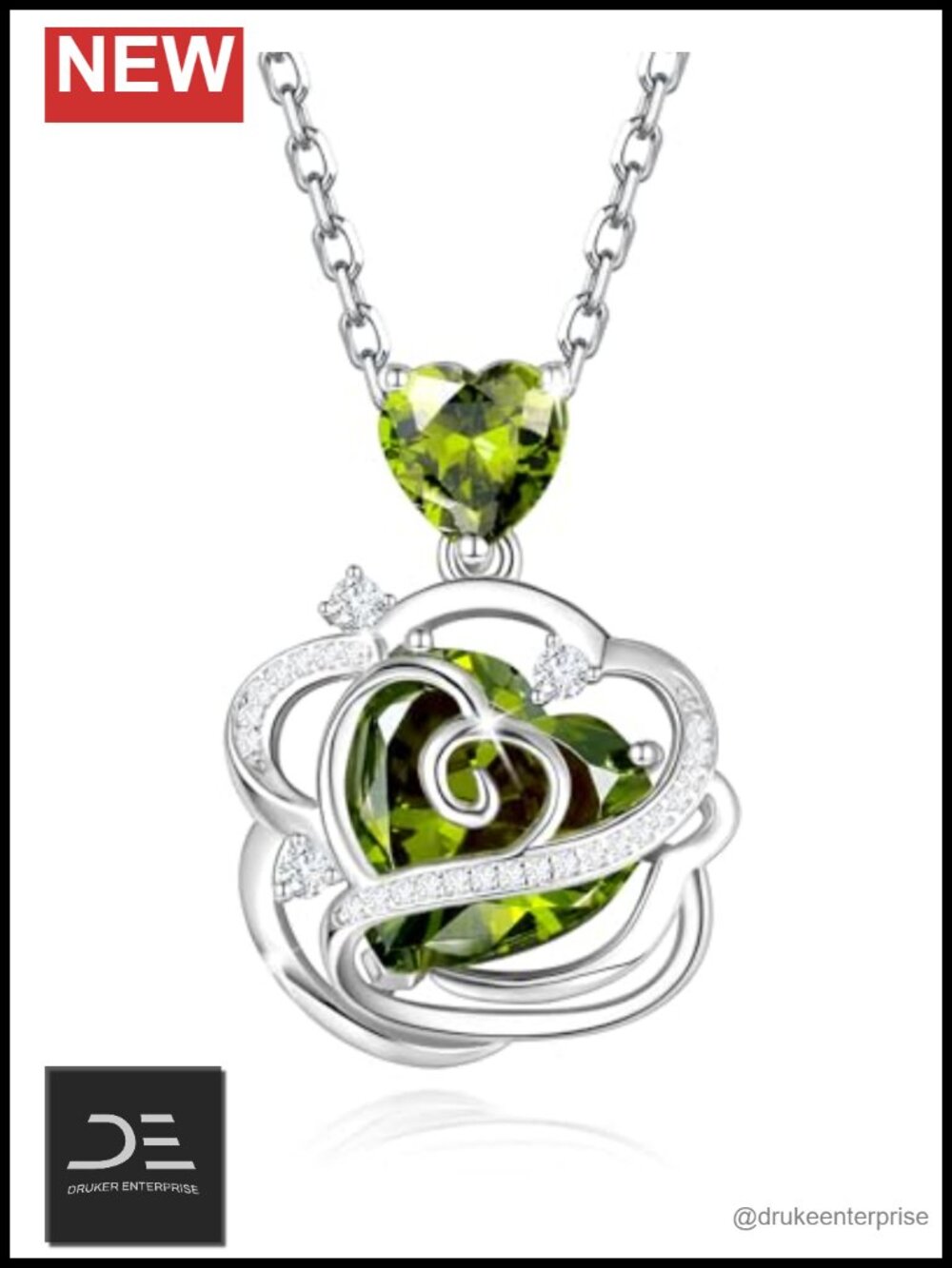 Sterling Silver White Gold Plated Green Rose Necklace Pendant Peridot